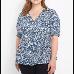 Lane Bryant Puff-Sleeve Button-Front Peplum‎ Top EUC Sz 14 Summer Spring Floral